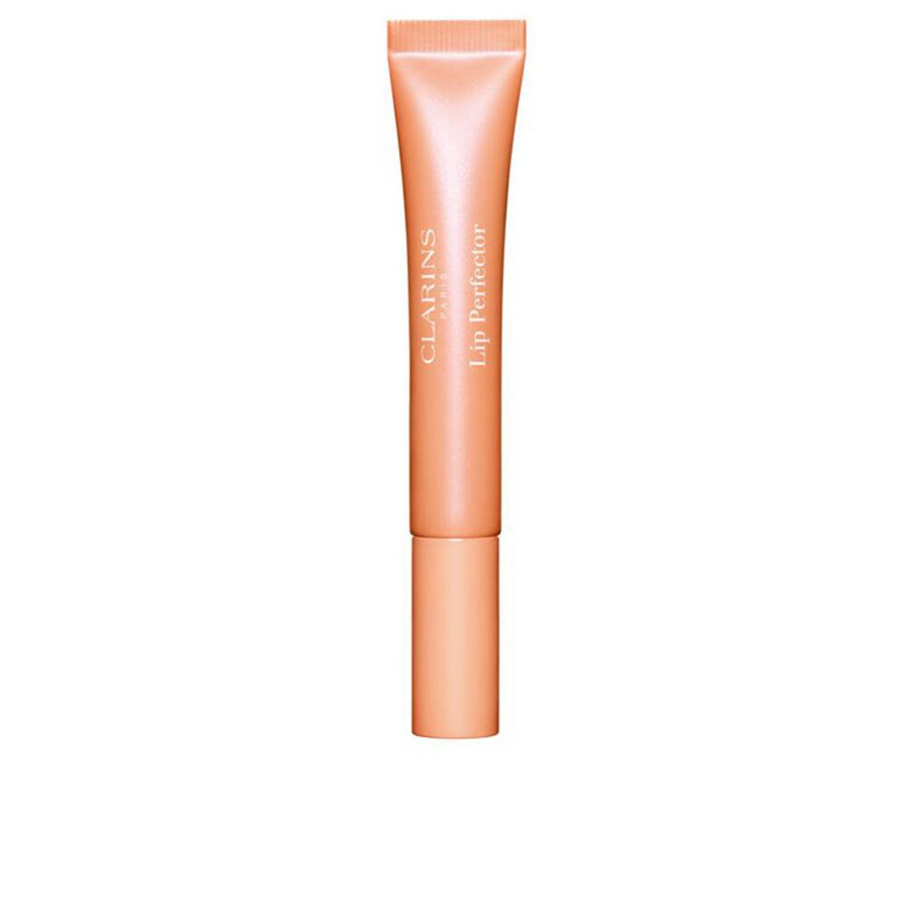Clarins Lip Perfector color pesca. Tubo con tappo a vite. Scritta Clarins Paris e Lip Perfector.