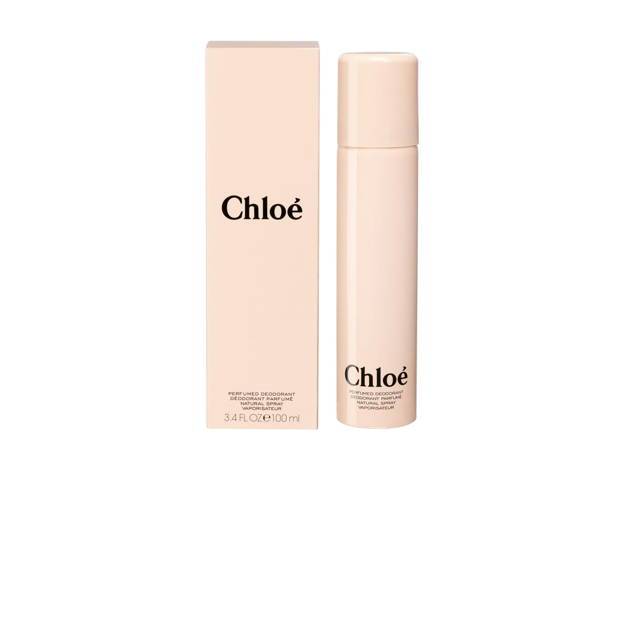 Flacone spray deodorante beige e confezione rettangolare. La scritta "Chloé" è visibile su entrambi.