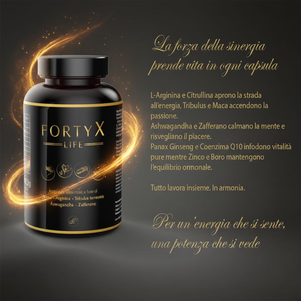 Flacone nero con testo dorato. Scritta: FORTY X LIFE. Testo sugli ingredienti e i loro effetti.