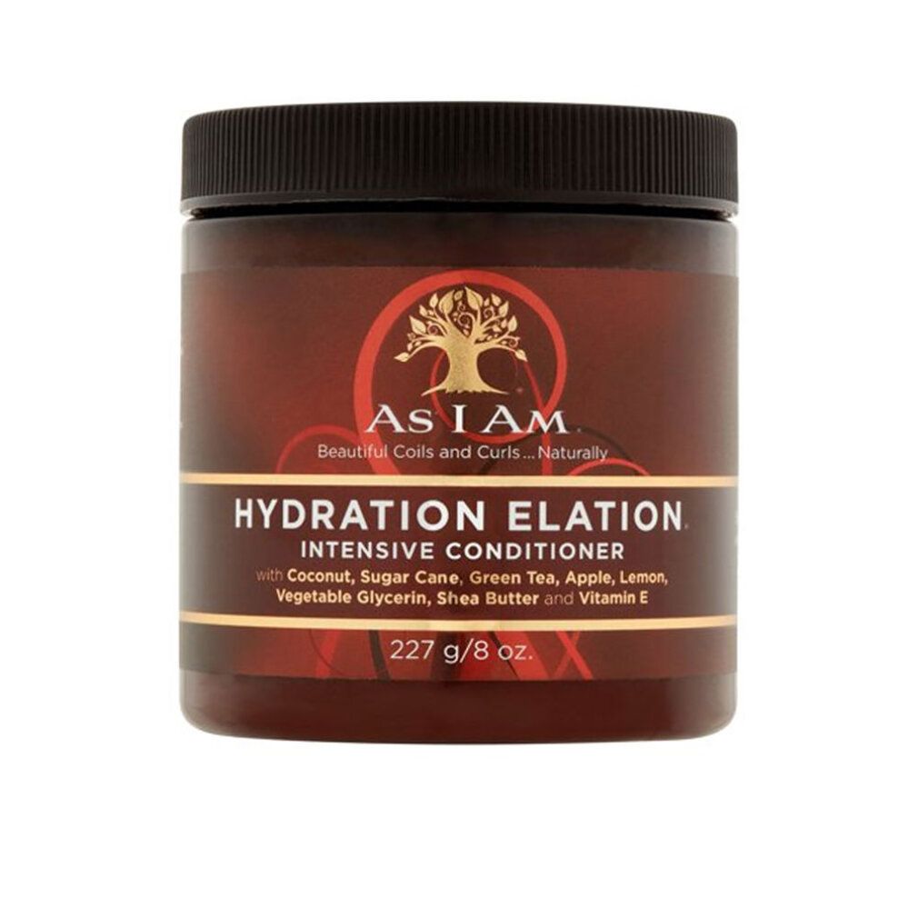Barattolo marrone con coperchio nero. Scritta: AS I AM, HYDRATION ELATION, Intensive Conditioner. 227 g/8 oz.