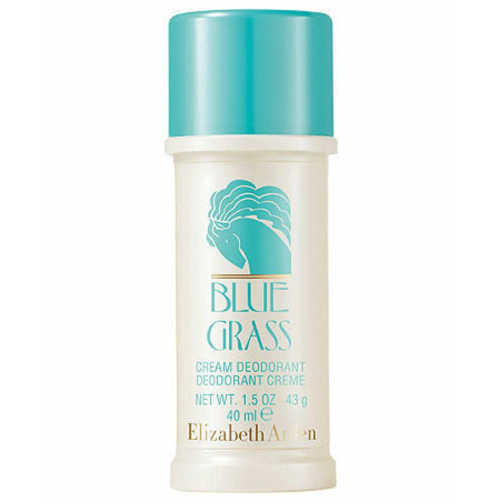 Stick deodorante con tappo blu. Scritta: Blue Grass, Cream Deodorant Creme, Elizabeth Arden. Contenitore bianco con logo blu.