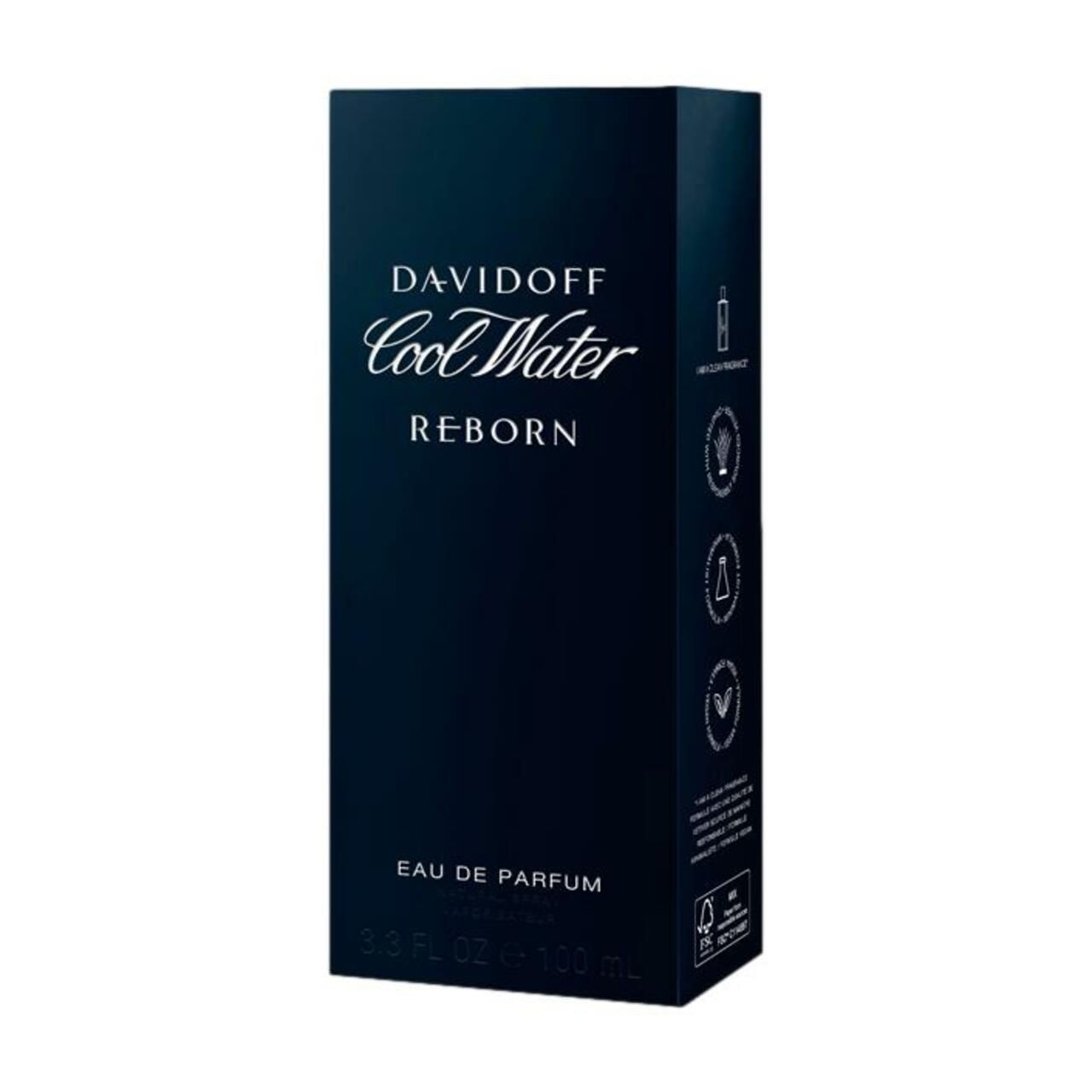 Confezione Davidoff Cool Water Reborn. Forma rettangolare, blu scuro. Scritte e loghi. Eco-etichette.
