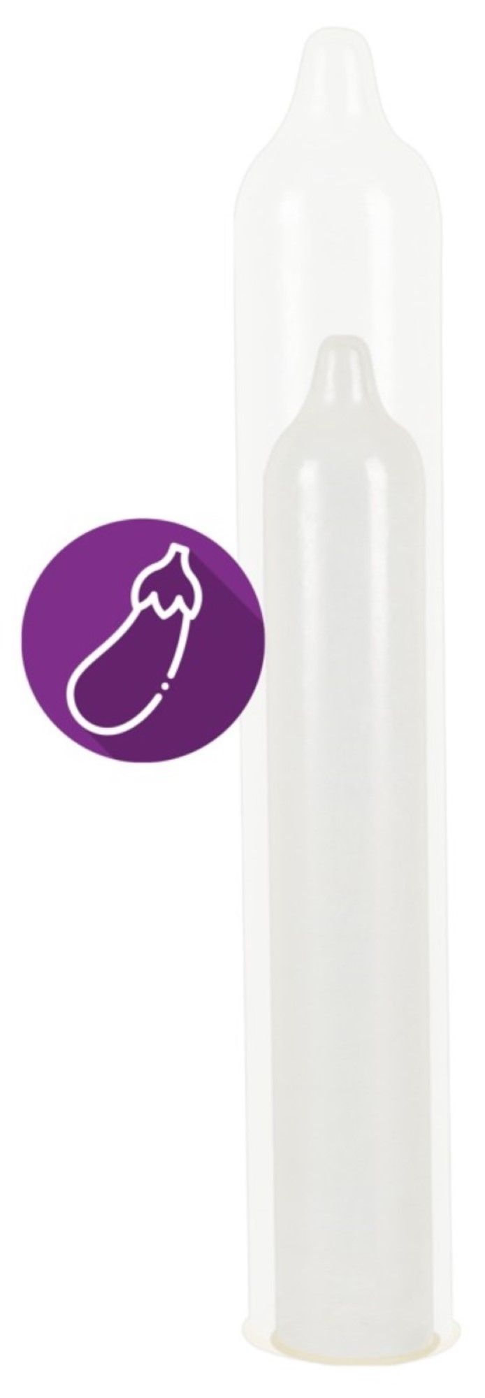 Due preservativi trasparenti, uno dentro l'altro. Accanto, un cerchio viola con simbolo melanzana.