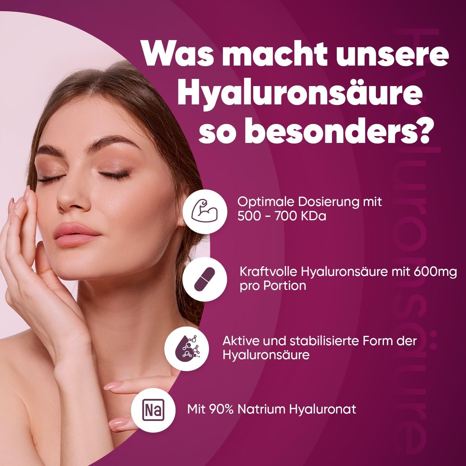 Donna con testo: Acido Ialuronico. 500-700 KDA. 600mg per porzione. Marchio: WeightWorld.