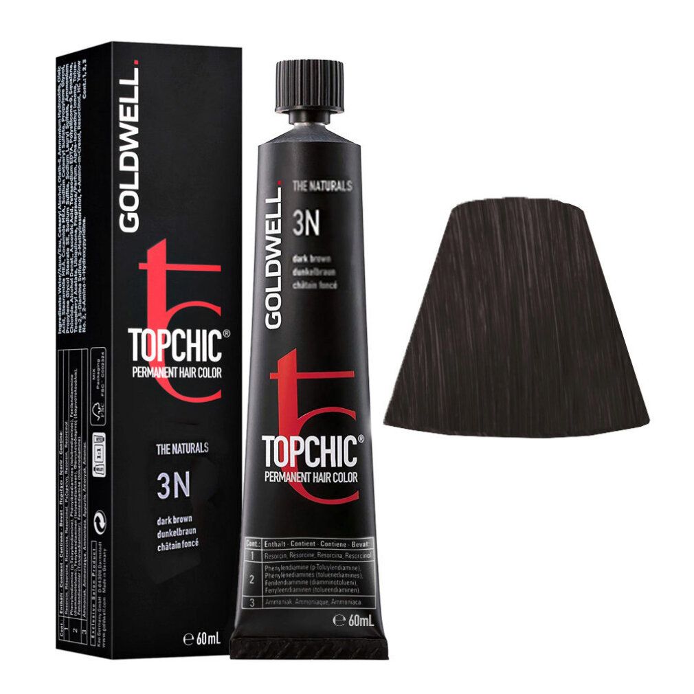 Confezione e tubo Goldwell Topchic 3N castano scuro. Accanto, campione di colore.