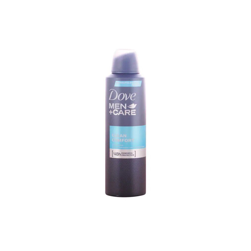 Spray deodorante, bomboletta grigio scuro con tappo blu. Scritta Dove Men+Care, Clean Comfort. Protezione 48h.