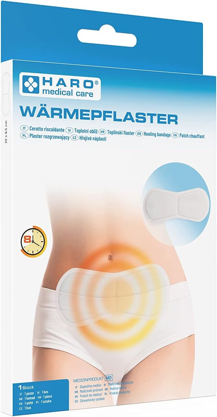 Confezione di Haro Wärmepflaster. Illustrazione del prodotto e istruzioni per l'uso. Stampa: Wärmepflaster, calore 8 ore. 1 pezzo.