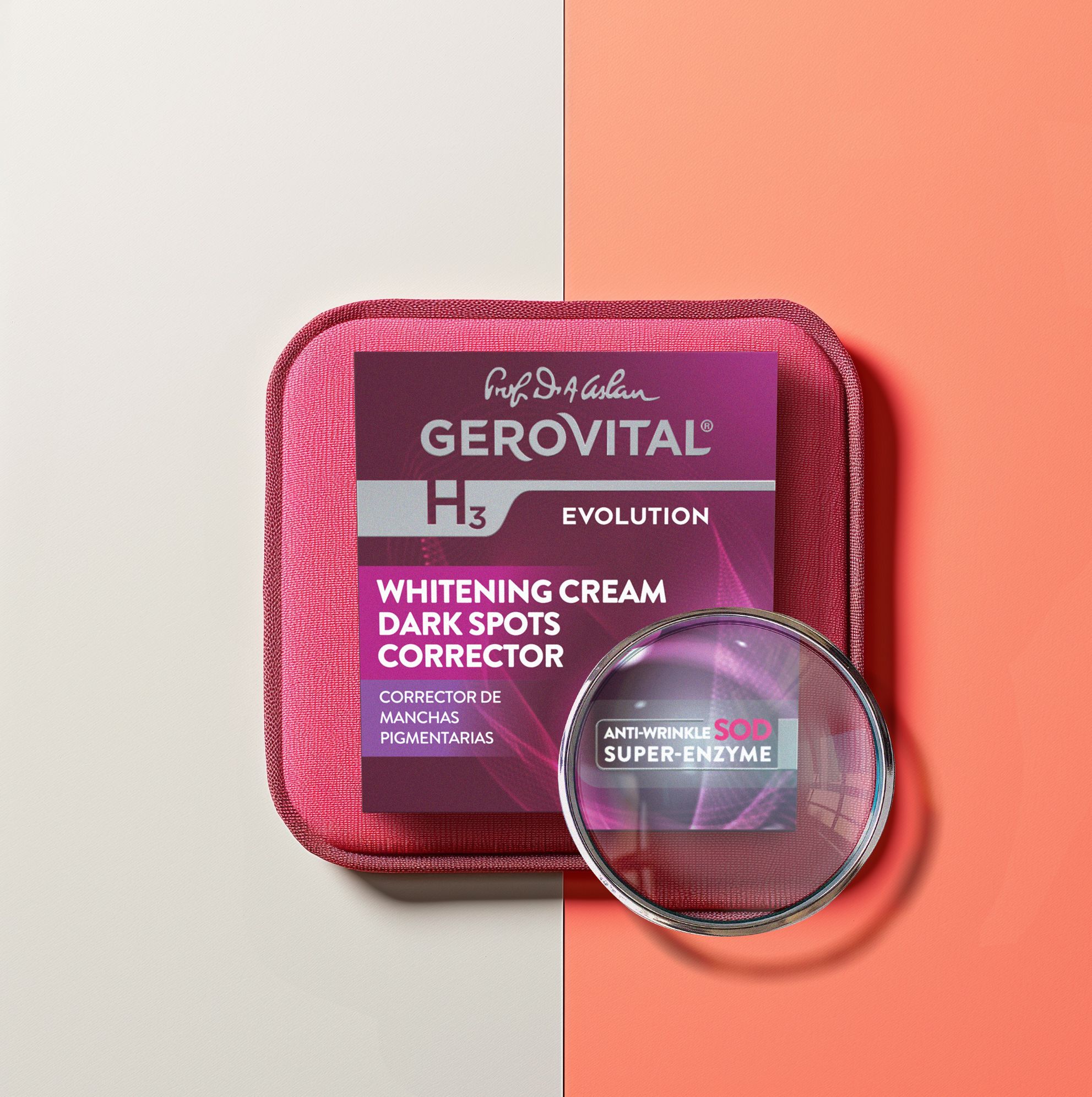 Scatola e lente d'ingrandimento. Scritta: Gerovital H3 Evolution, Corrector Pete Pigmentare, Whitening Cream, Dark Spots Corrector, Anti-Wrinkle Super-Enzyme.
