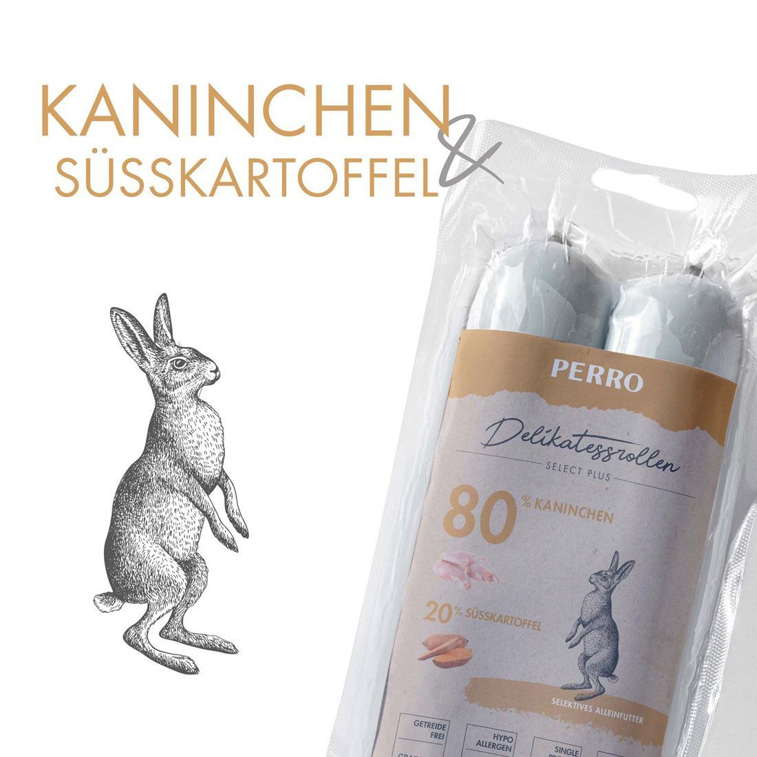 Confezione prodotto con illustrazione di coniglio. Testo: Kaninchen & Süßkartoffel, PERRO Delikatessrollen.