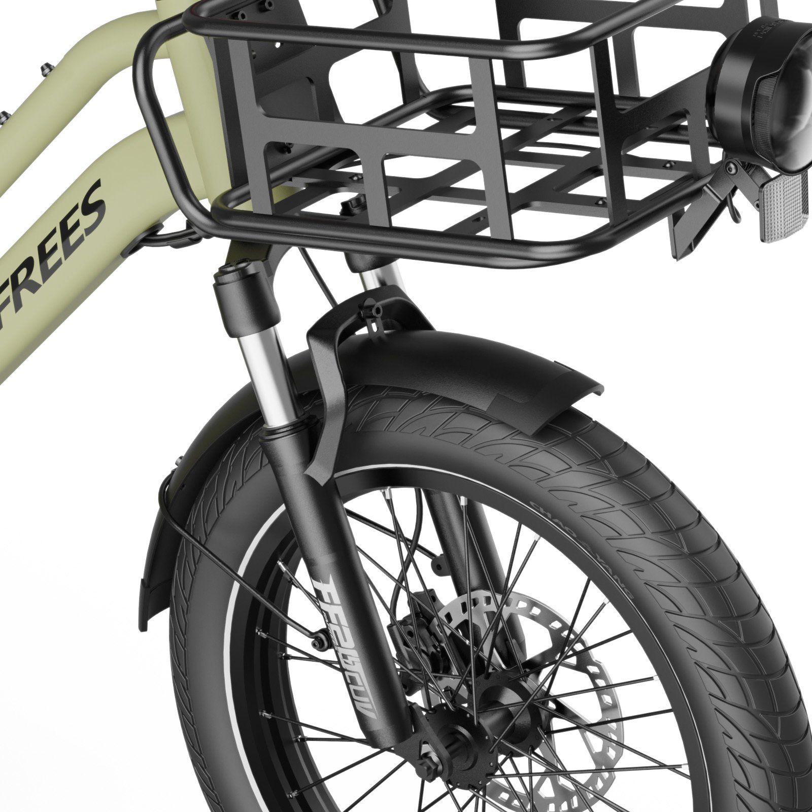 Parte anteriore di una bicicletta da carico elettrica grigia con faro, parafango e forcella ammortizzata.