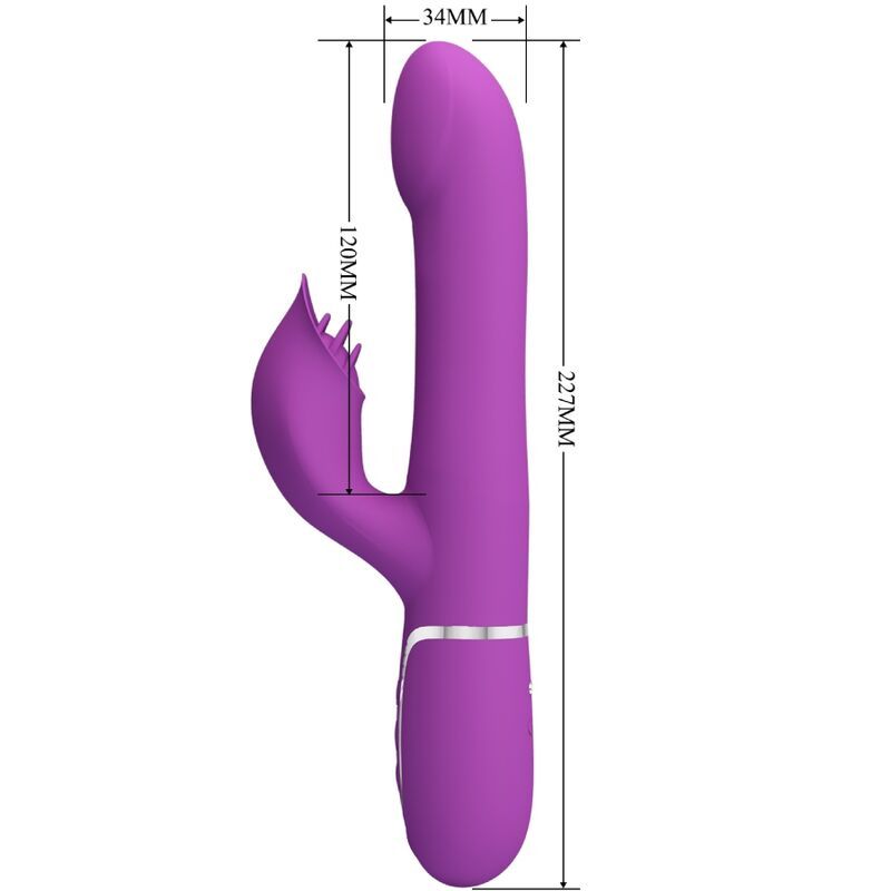 Vibratore coniglio viola con dimensioni: 227mm lunghezza, 120mm lunghezza orecchio, 34mm larghezza.