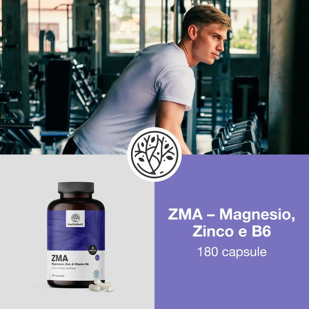 Uomo in palestra. Flacone ZMA. Testo: ZMA - Magnesio, Zinco e B6. 180 capsule.