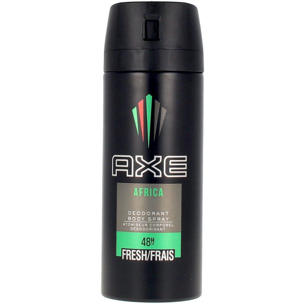 Spray deodorante nero "AXE Africa". Logo e dettagli verdi. Scritta: "48h Fresh/Frais".