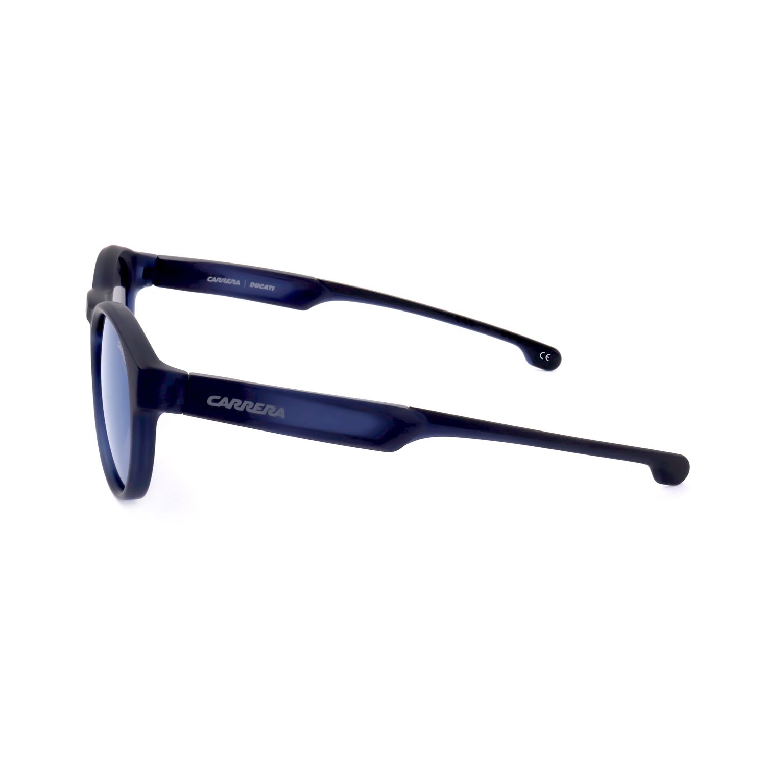 Occhiali da sole Carrera blu scuro con logo argentato sul
 asta.