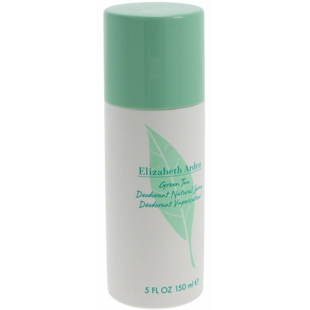Spray deodorante con tappo verde. Scritta: Elizabeth Arden Green Tea. Logo foglia. 5 FL.OZ. 150 ml.