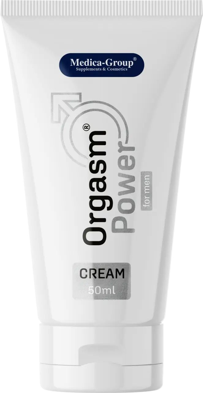 Tubo di crema bianco con scritta: Orgasm Power for men, crema. Marchio: Medica-Group. Contiene un simbolo maschile.