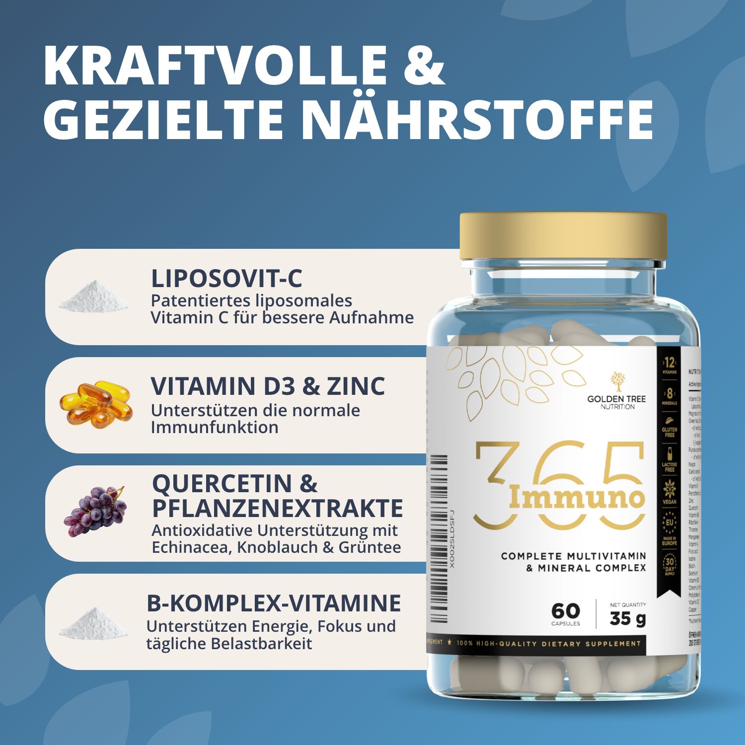 Flacone Immuno365 con elenco di nutrienti: Liposomal-C, Vitamina D3 & Zinco, Quercetina, Vitamine B.