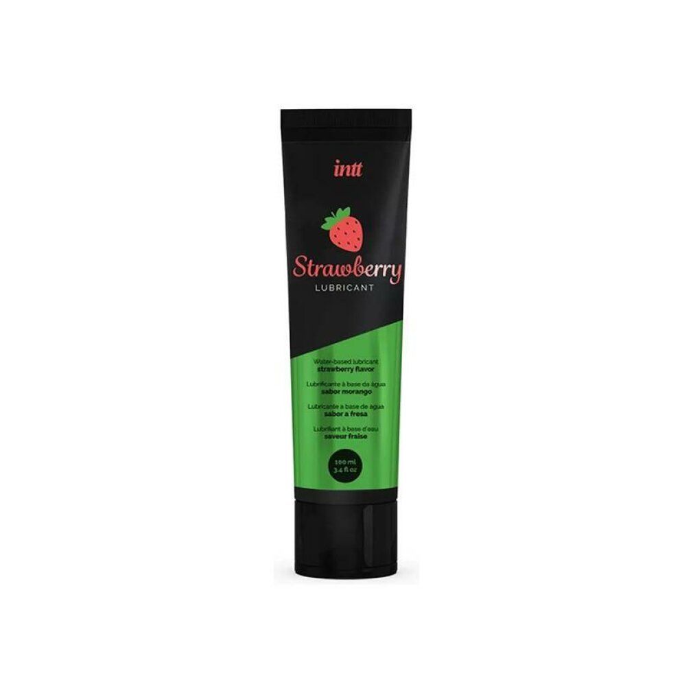 Tubo nero e verde. Scritta INTT, fragola, lubrificante. Testo multilingue. Tappo nero. Contenuto 100 ml.