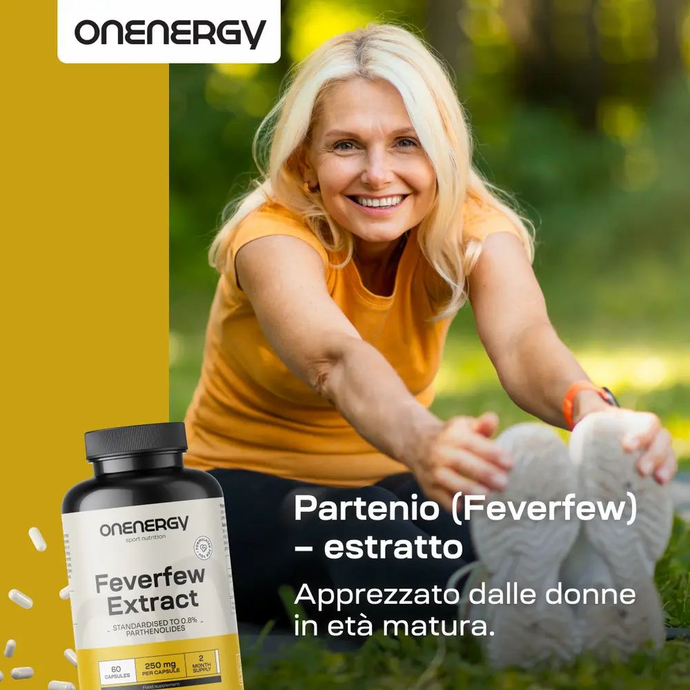Flacone di estratto di Partenio OnEnergy e donna in posizione di meditazione.