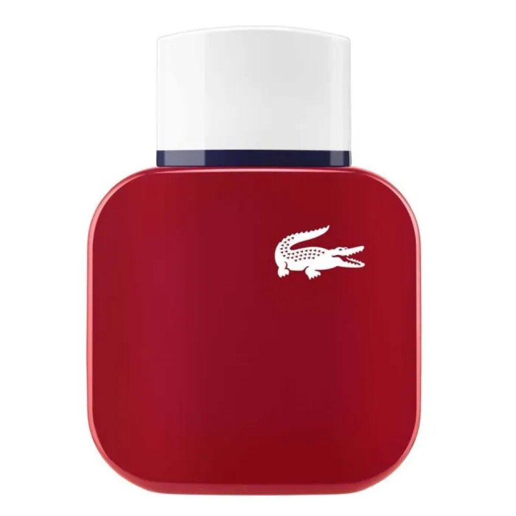 Flacone rosso con tappo bianco. Logo coccodrillo. Forma quadrata.