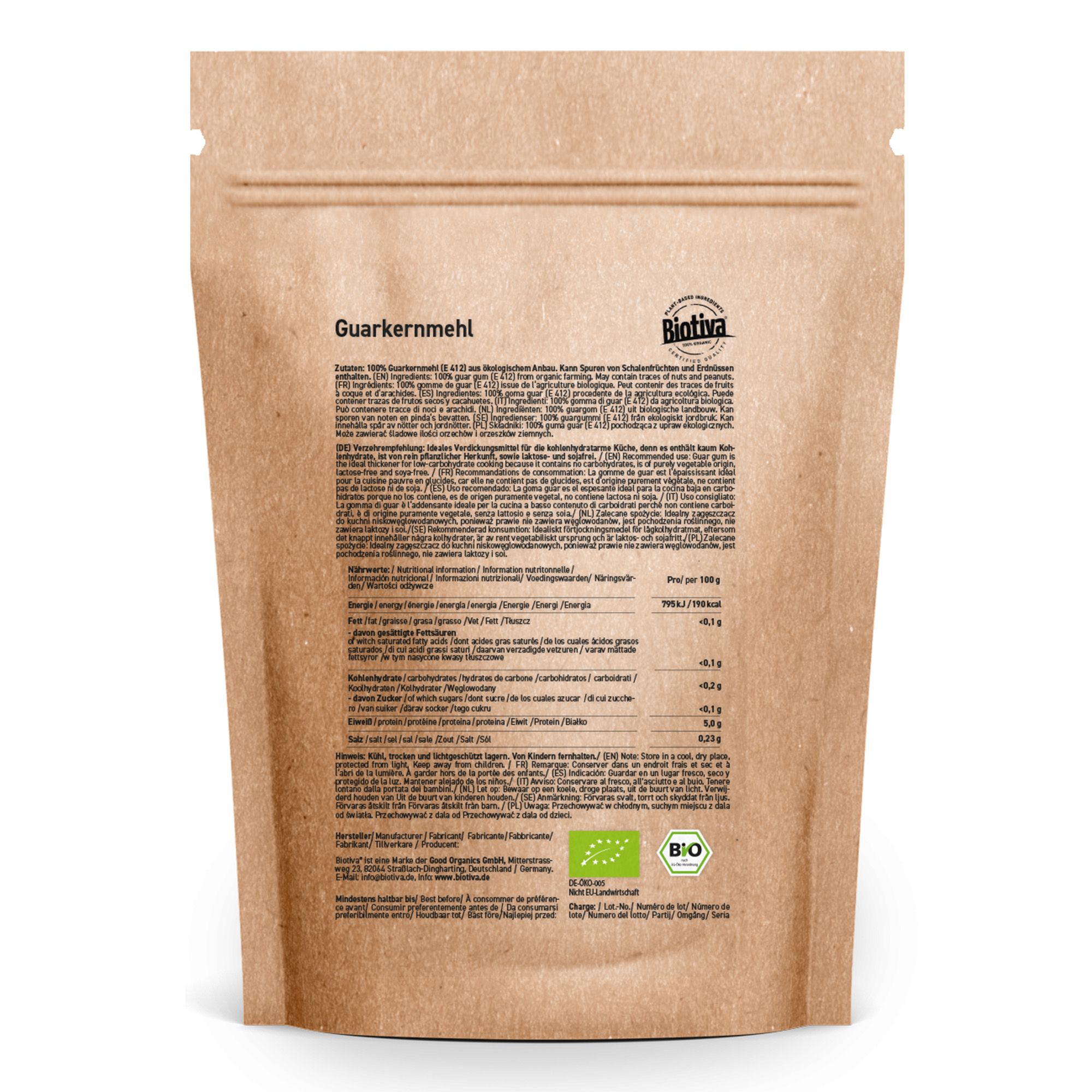 Confezione in carta marrone con scritta "Guarkernmehl" e logo "Biotiva". Retro con testo e valori nutrizionali. Certificazione bio.