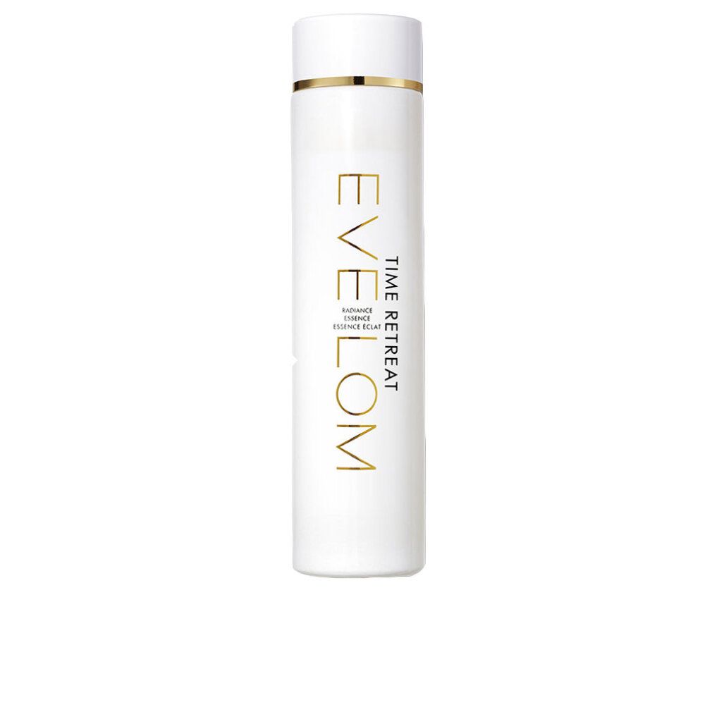 Flacone bianco con scritta dorata: EVE LOM, TIME RETREAT, RADIANCE ESSENCE ÉCLAT. Anello dorato sul tappo.