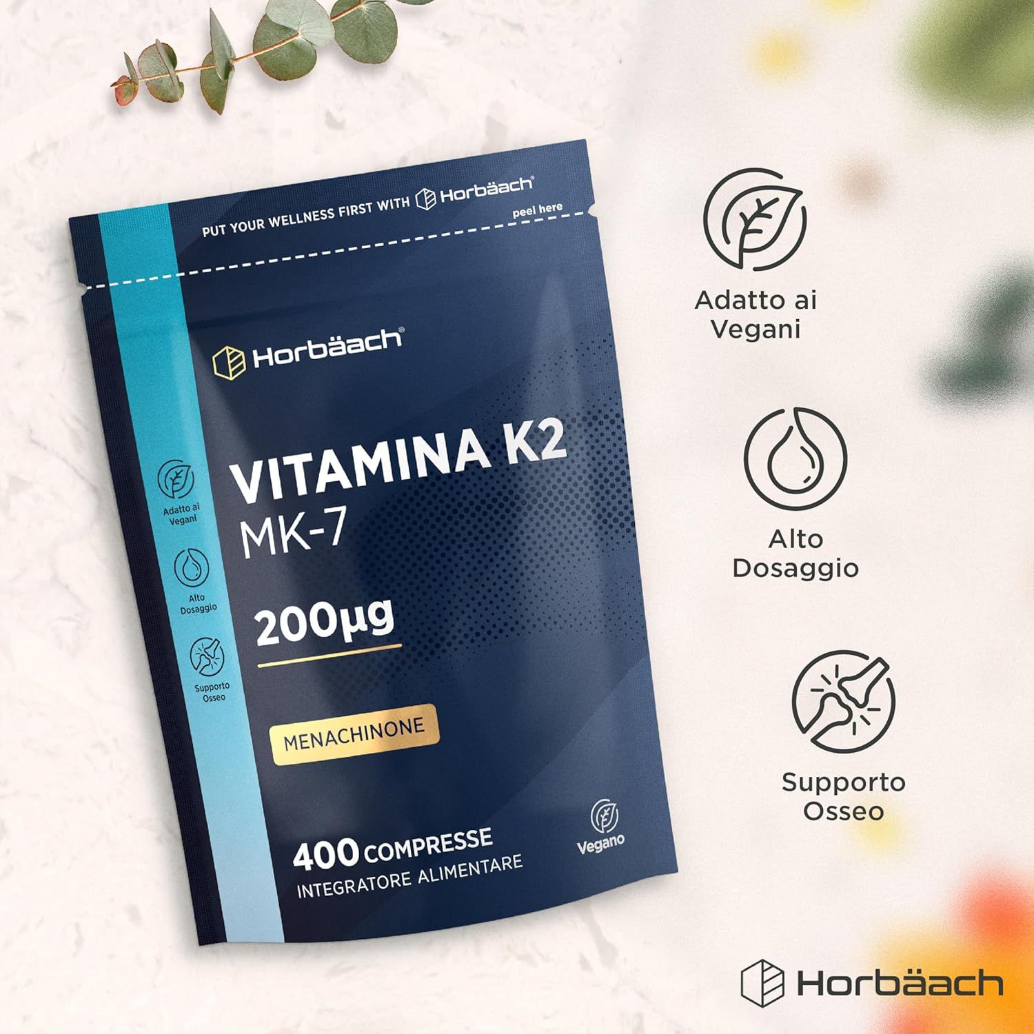 Confezione blu Horbaach Vitamina K2 MK-7, 200µg, 400 compresse. Vegano, ad alto dosaggio, supporto osseo.