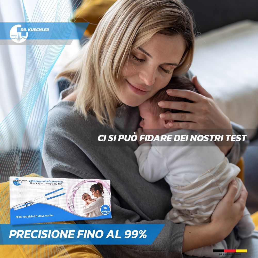 Donna che abbraccia un bambino. Confezione di test di gravidanza in primo piano. "Ci si può fidare dei nostri test".