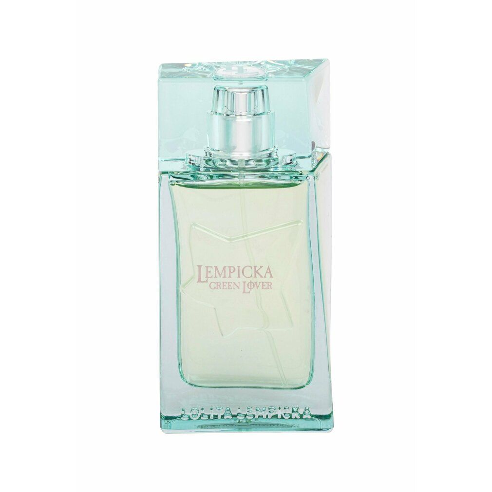 Flacone Lolita Lempicka Green Lover. Flacone rettangolare con liquido verdognolo. Tappo trasparente. Logo e testo sul flacone.