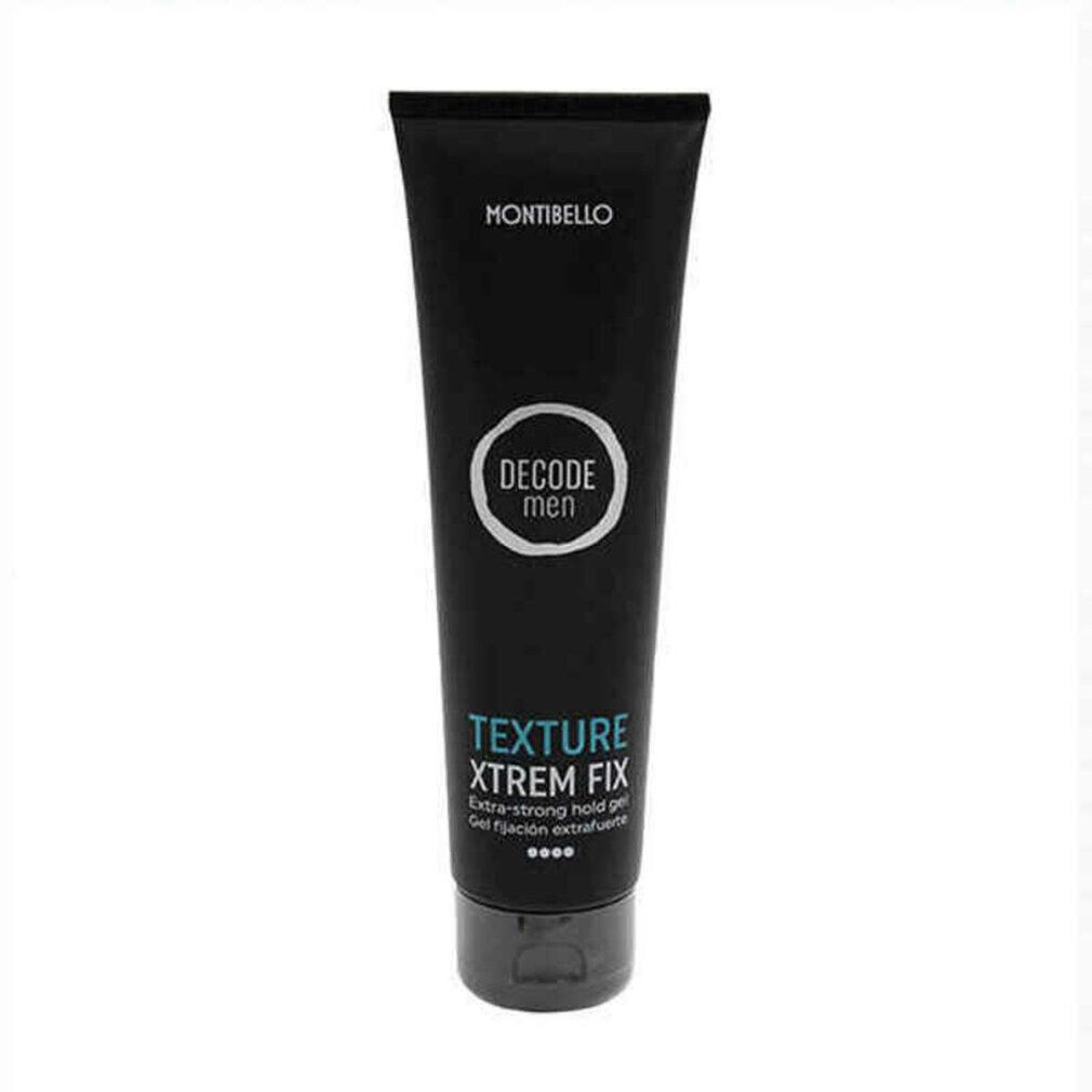 Tubo nero con testo bianco e blu. MONTIBELLO in alto. Cerchio con DECODE MEN. Sotto, TEXTURE XTREM FIX.