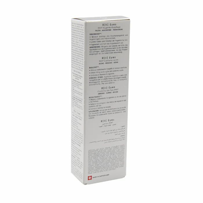 Scatola con testo. R[II] Eyes, cura occhi, testo in tedesco, francese, italiano, inglese. Swiss Made.