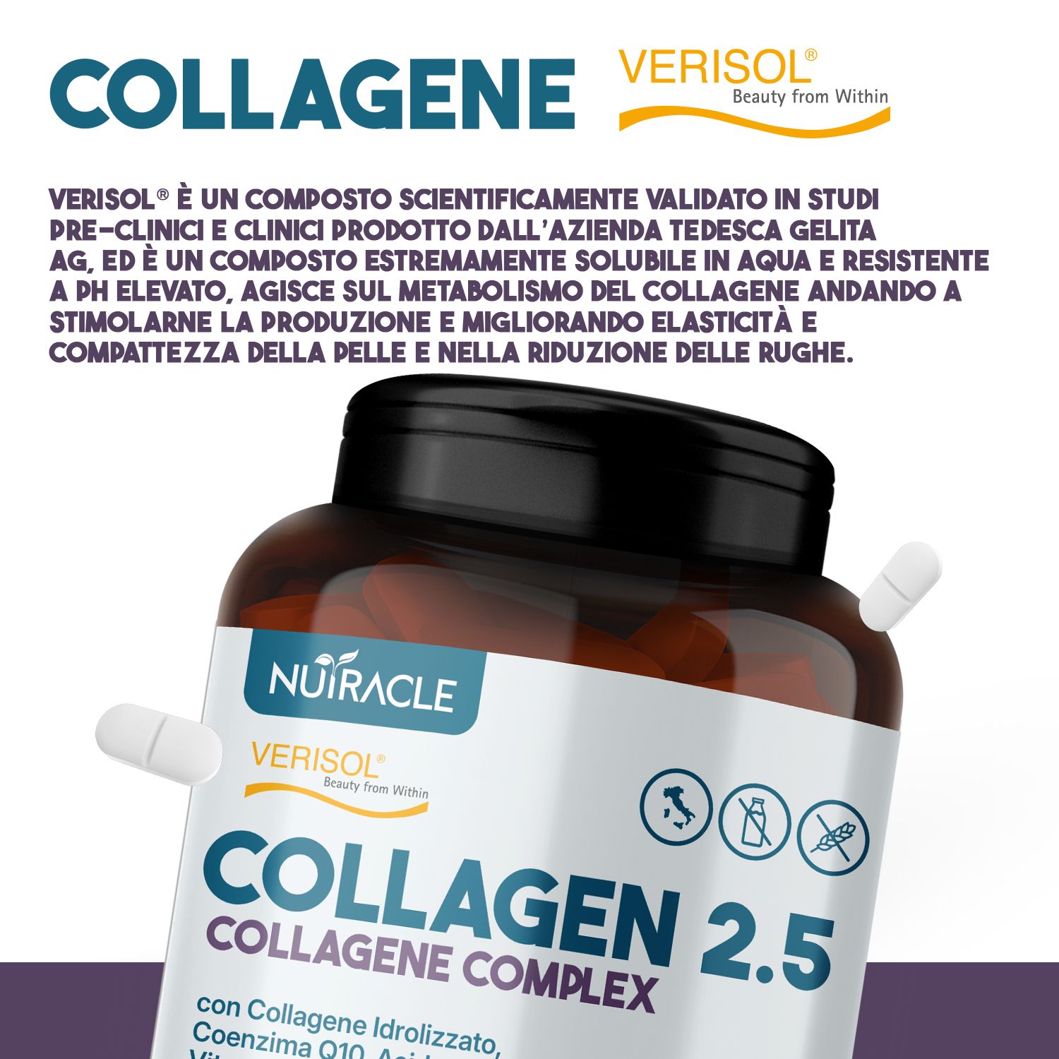 Barattolo Nutracle Collagene 2.5. Collagene Verisol, validato scientificamente. Favorisce la produzione di collagene e l'elasticità della pelle.