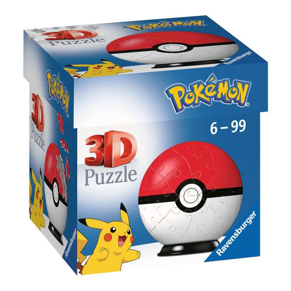 Scatola del puzzle 3D Pokéball. Scatola blu con logo Pokémon, illustrazioni di Pikachu e il puzzle-ball assemblato.