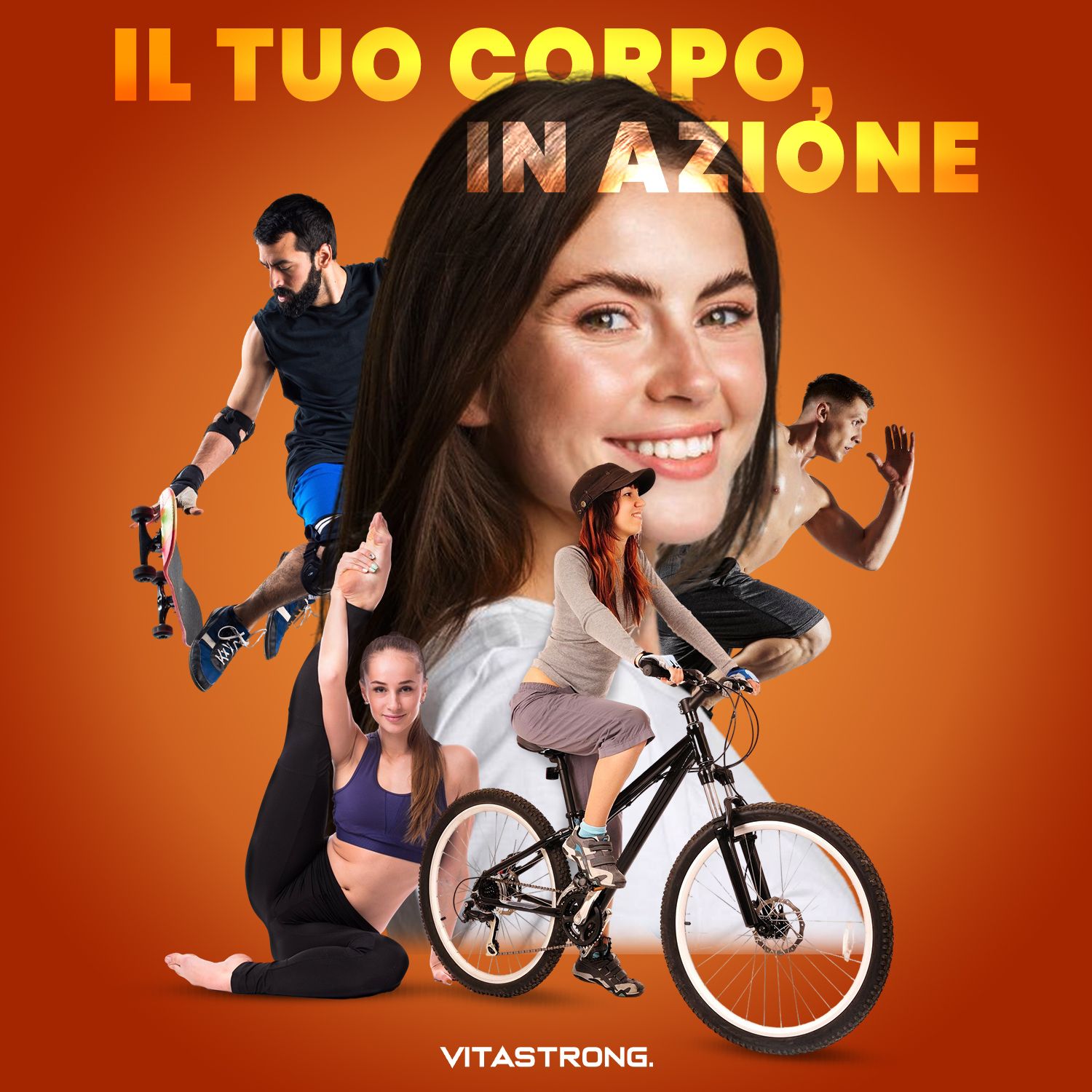 Pubblicità per Vitastrong. Collage di atleti. Testo: Il tuo corpo in azione.