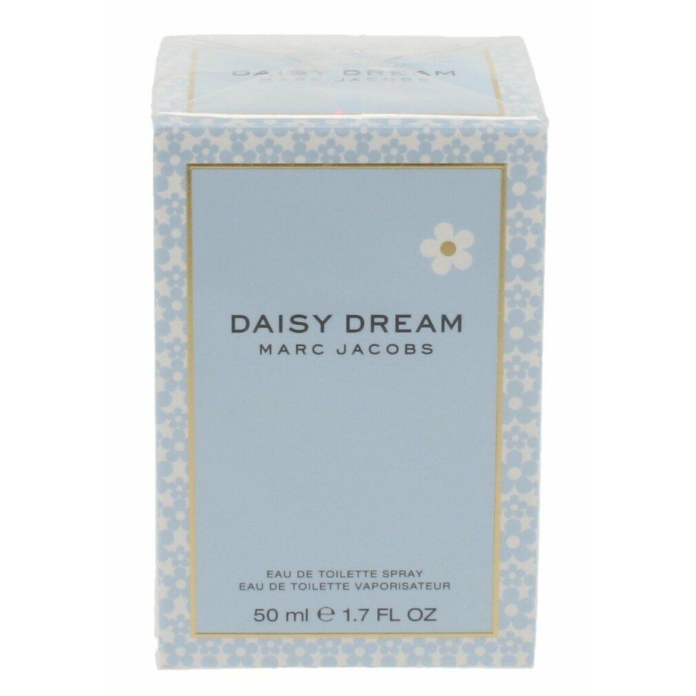 Scatola azzurra con scritta: DAISY DREAM MARC JACOBS. Fiore bianco. Testo: Eau de Toilette Spray, 50 ml.