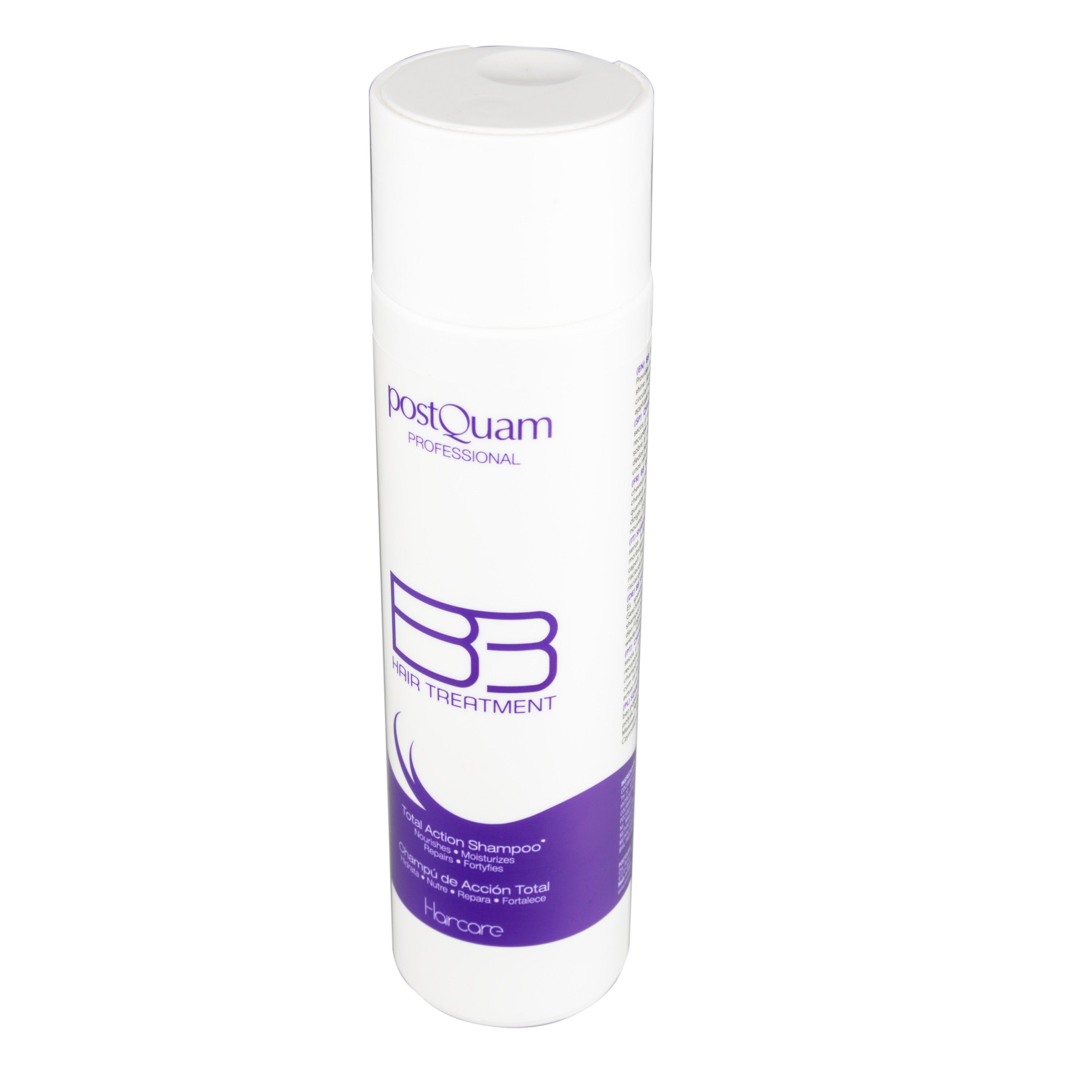 Flacone bianco con etichetta viola. Scritta: Postquam Professional, BB Hair Treatment. Contiene testo in più lingue.