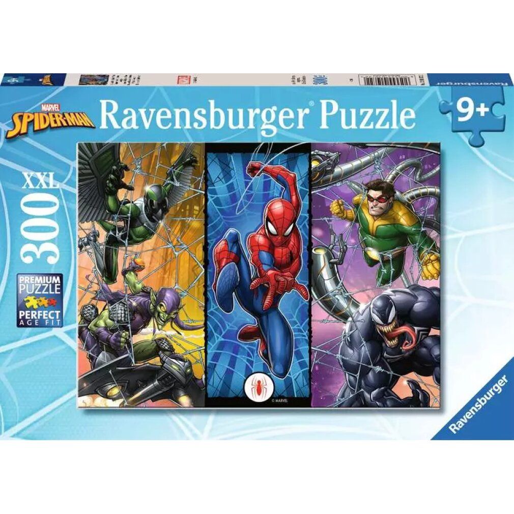 Scatola puzzle con Spider-Man e cattivi. Ravensburger Puzzle, 300 pezzi, 9+. Con illustrazione di Spider-Man.
