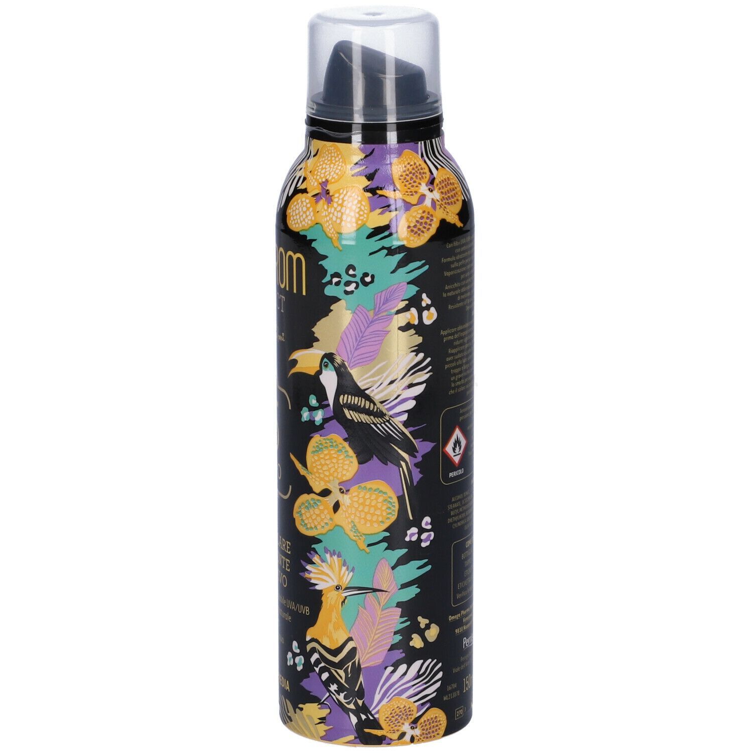 Bomboletta spray con motivi floreali e illustrazioni di uccelli. Erogatore nero. Nome del prodotto e SPF visibili.