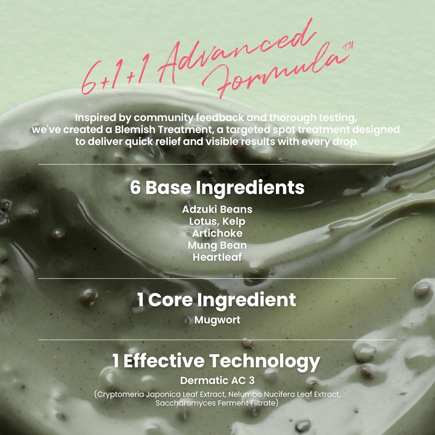 Primo piano della maschera per il viso. Ingredienti: Adzuki Beans, Lotus, Kelp, Carciofo, Fagiolo mungo, Heartleaf.