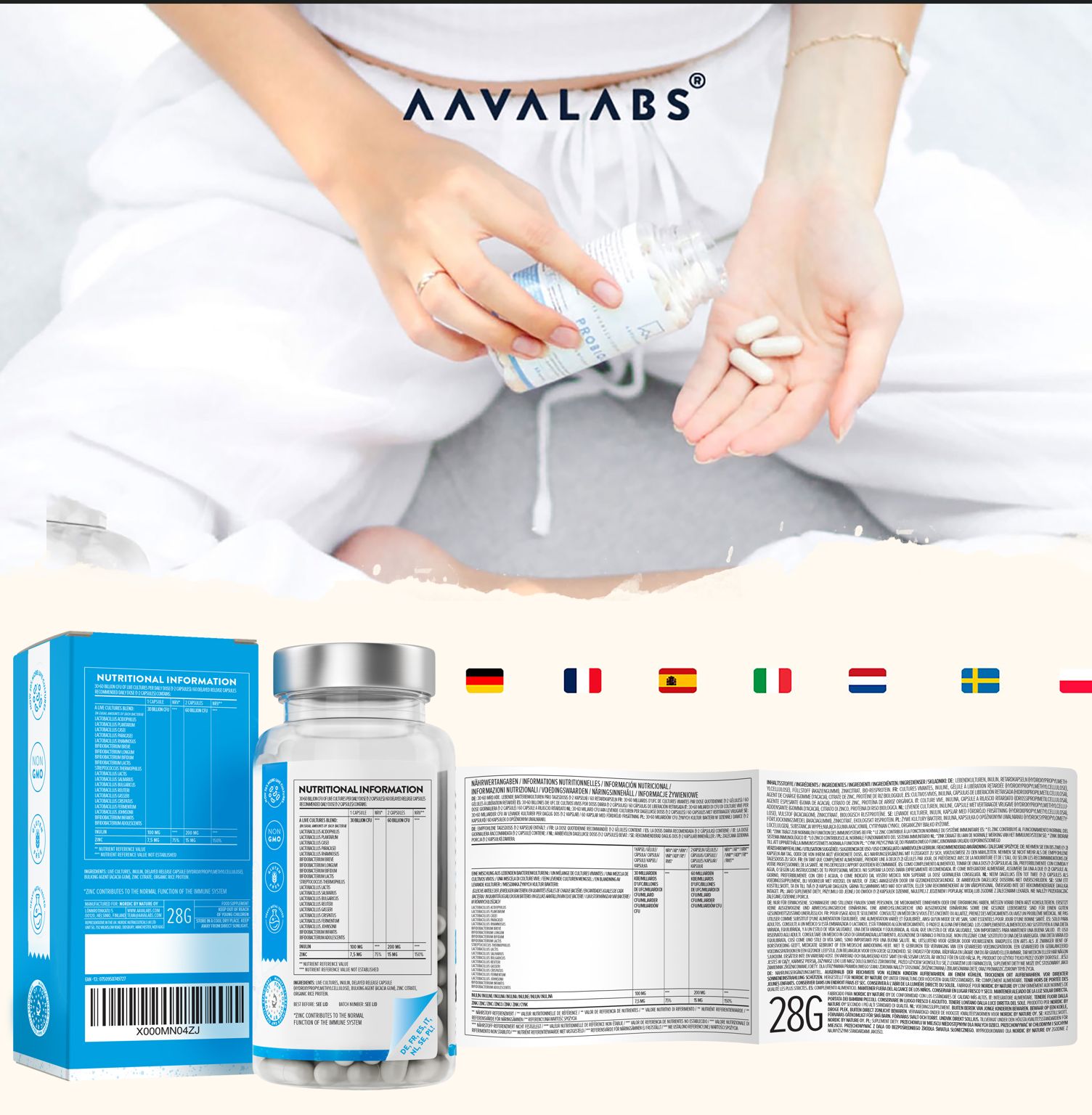 Persona che tiene in mano capsule Probiolac. Flacone, confezione e foglietto illustrativo. Scritta: 28g.