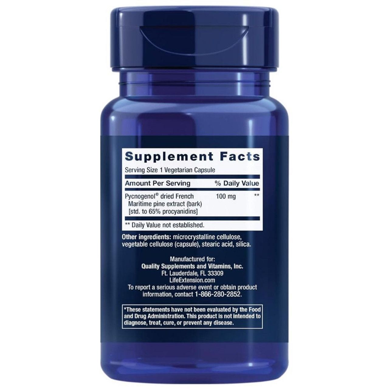 Retro del flacone Life Extension Pycnogenol con informazioni nutrizionali e ingredienti.