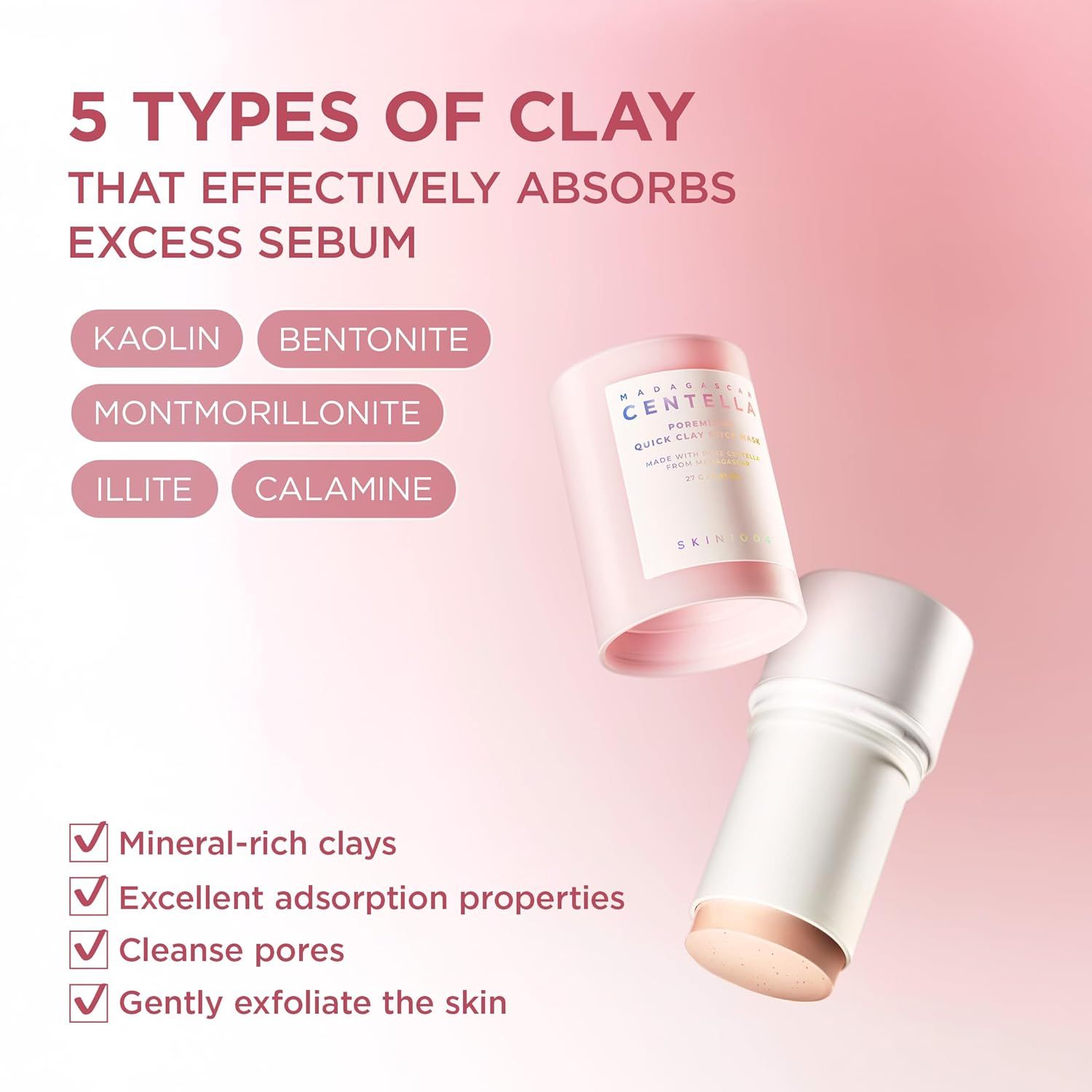 Stick e coperchio del prodotto. 5 tipi di argilla. Testo: Caolino, Bentonite, Montmorillonite, Illite, Calamina.