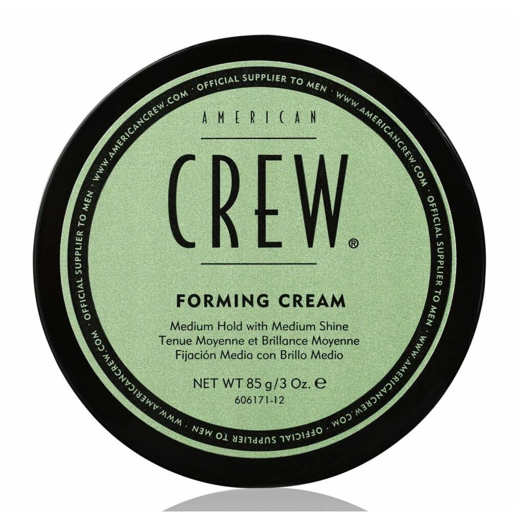 Barattolo rotondo con etichetta verde. Coperchio nero con testo bianco: AMERICAN CREW. Nome prodotto: Forming Cream. Contenuto netto: 85 g/3 Oz.