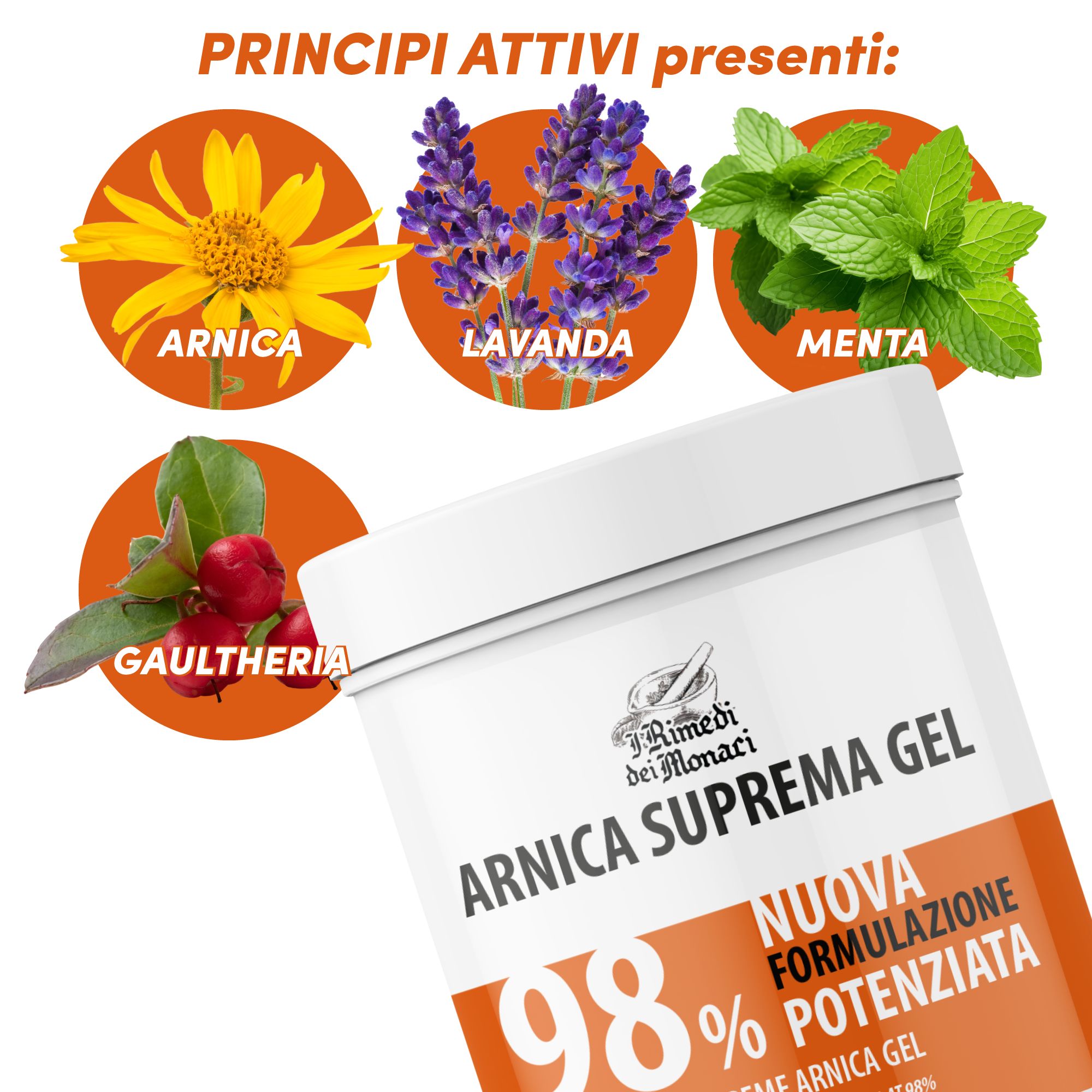 Barattolo di prodotto con ingredienti: Arnica, Lavanda, Menta e Gaultheria. Testo: Arnica Suprema Gel 98%. Nuova formulazione.