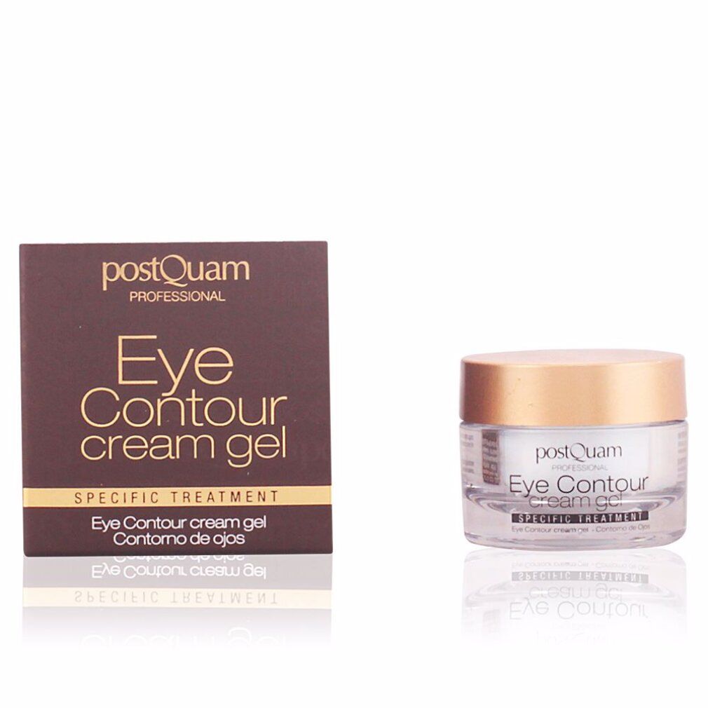 Confezione marrone e vasetto. Sulla confezione si legge "Postquam Professional Eye Contour cream gel". Il vasetto ha un coperchio dorato.
