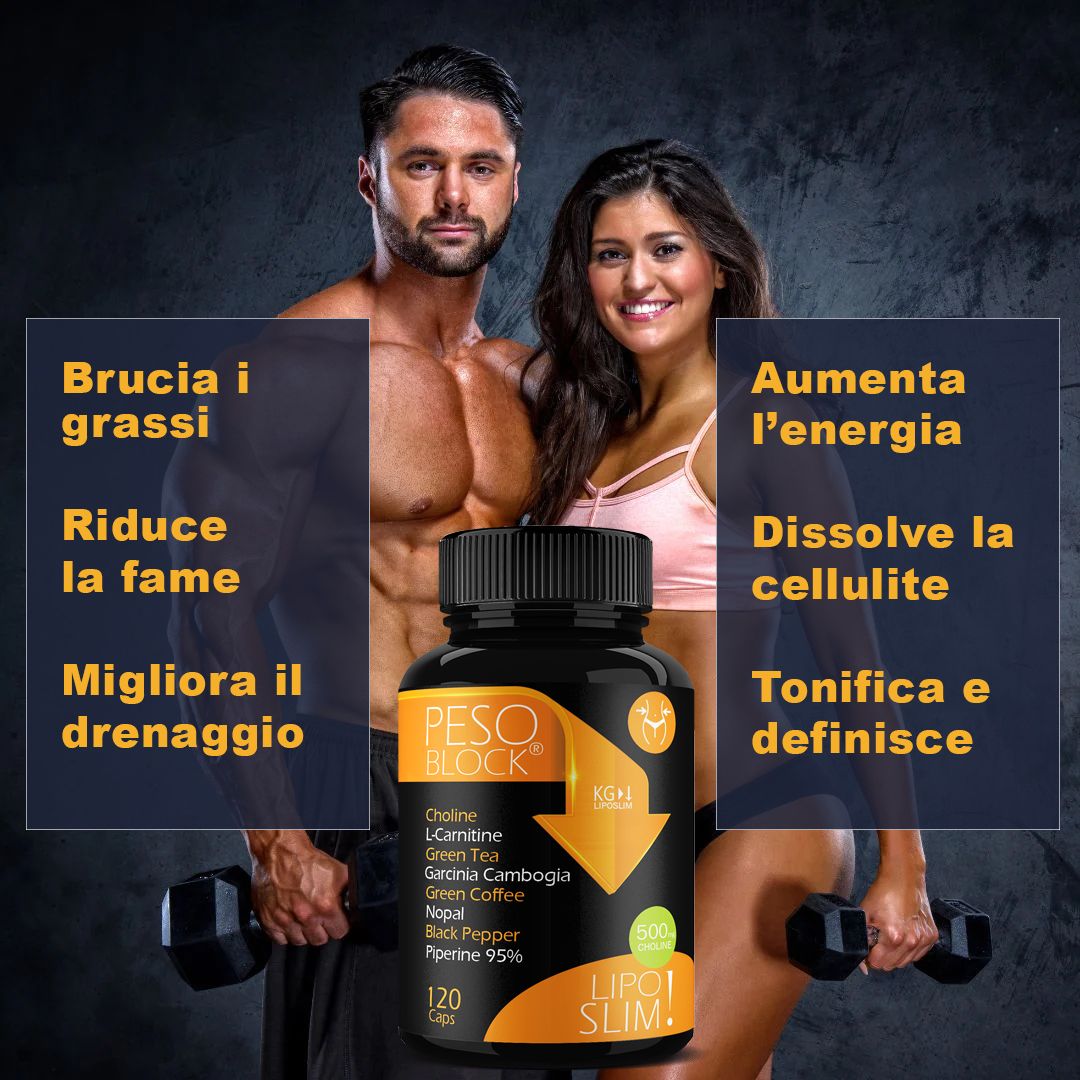 Coppia con flacone. Scritte: PESO BLOCK, LIPO SLIM. Contiene colina, L-carnitina, tè verde, Garcinia Cambogia, caffè verde, nopal, pepe nero.
