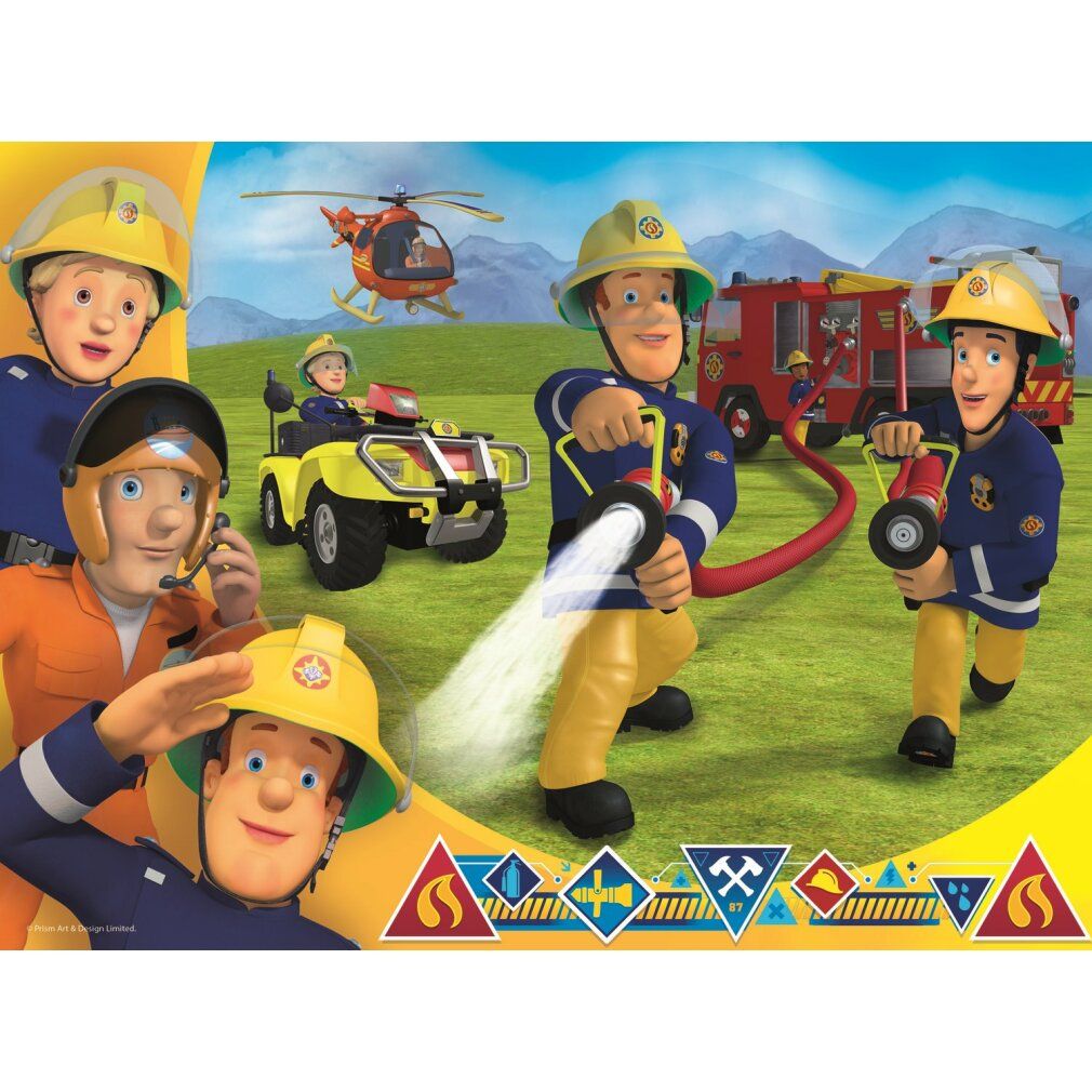 Puzzle 30 pezzi. Motivo Sam il pompiere. Logo e testo Trefl. Età consigliata 3+. Immagine di vigili del fuoco e veicoli.