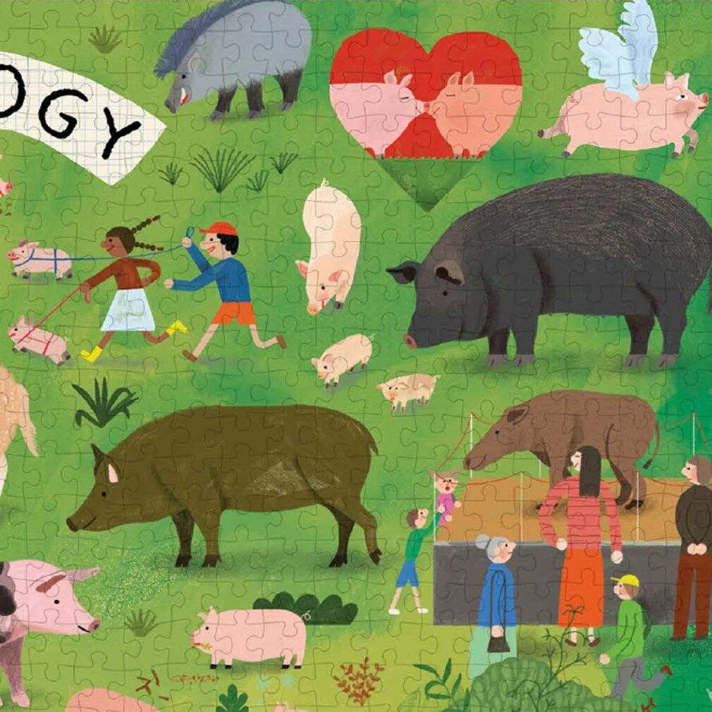 Dettaglio del puzzle. Maiali su sfondo verde. Bambini che giocano, illustrazione a cuore.