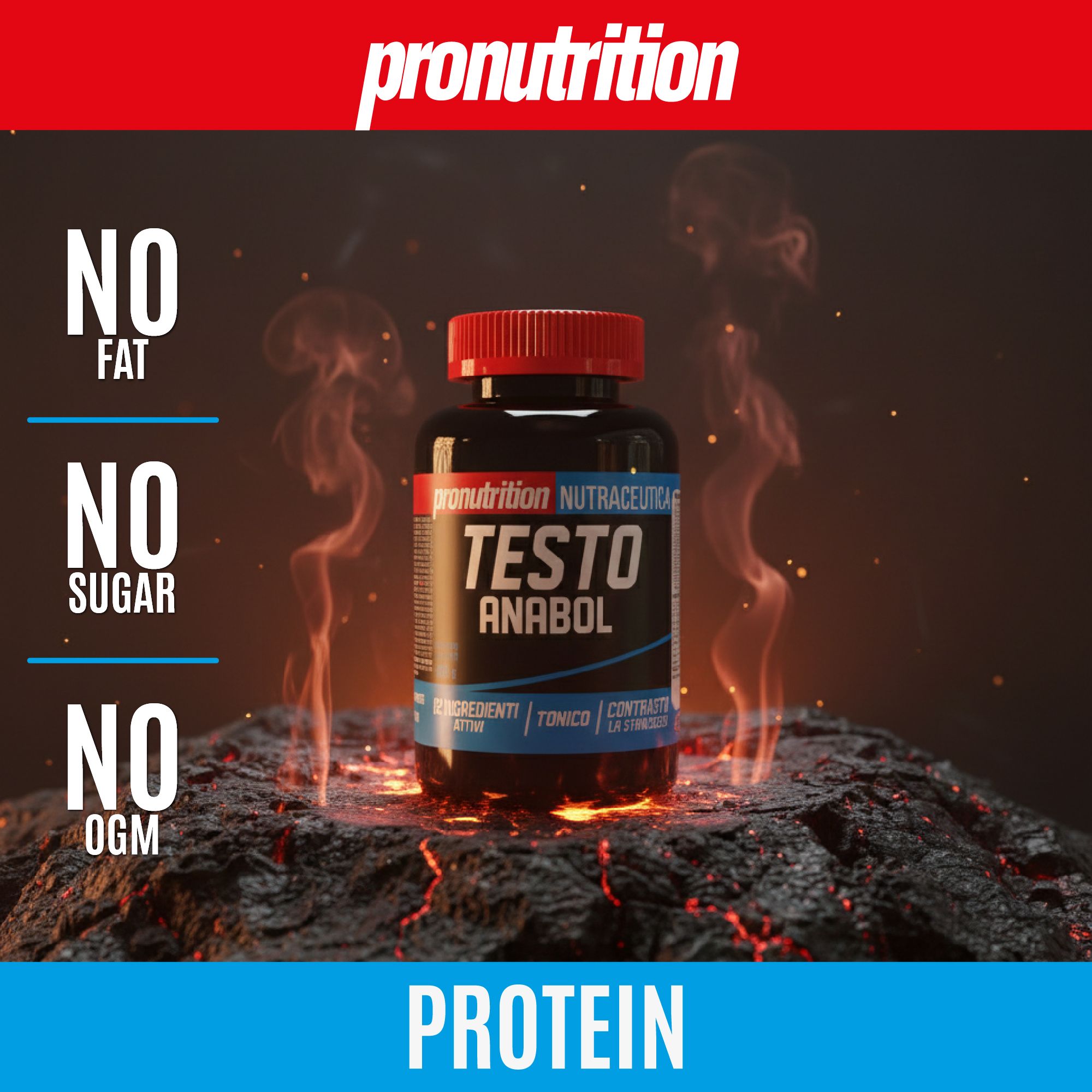 Flacone nero con tappo rosso. Scritta: Testo Anabol. Testo: Senza grassi, zuccheri, OGM. Sfondo con lava.