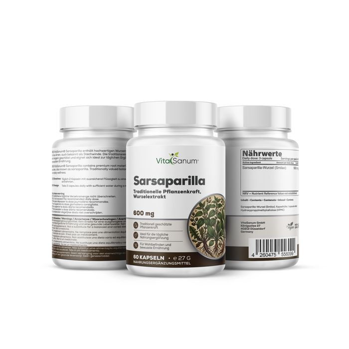 Capsule VitaSanum® Sarsaparilla, 60 pezzi. Tre contenitori di estratto radicale vegetale.